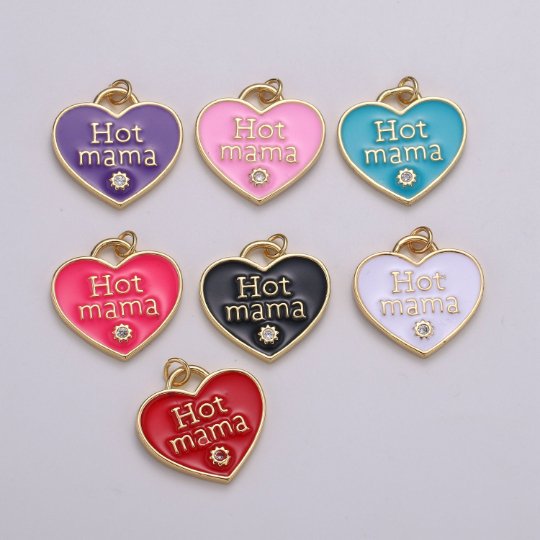 14K Gold Filled Heart Charm Multi Color Enamel Cz Charm Hot Mama Pendant For Jewelry Supply Wholesale Gift idea for Mother Day Gift E-167 - E-173 - DLUXCA