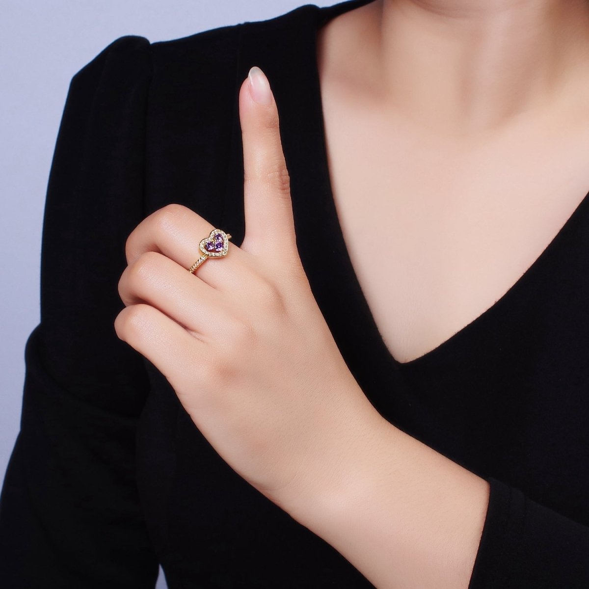 14K Gold Filled Heart Clear, Green, Fuchsia, Purple Micro Paved CZ Ring | O-575 ~ O-578 - DLUXCA