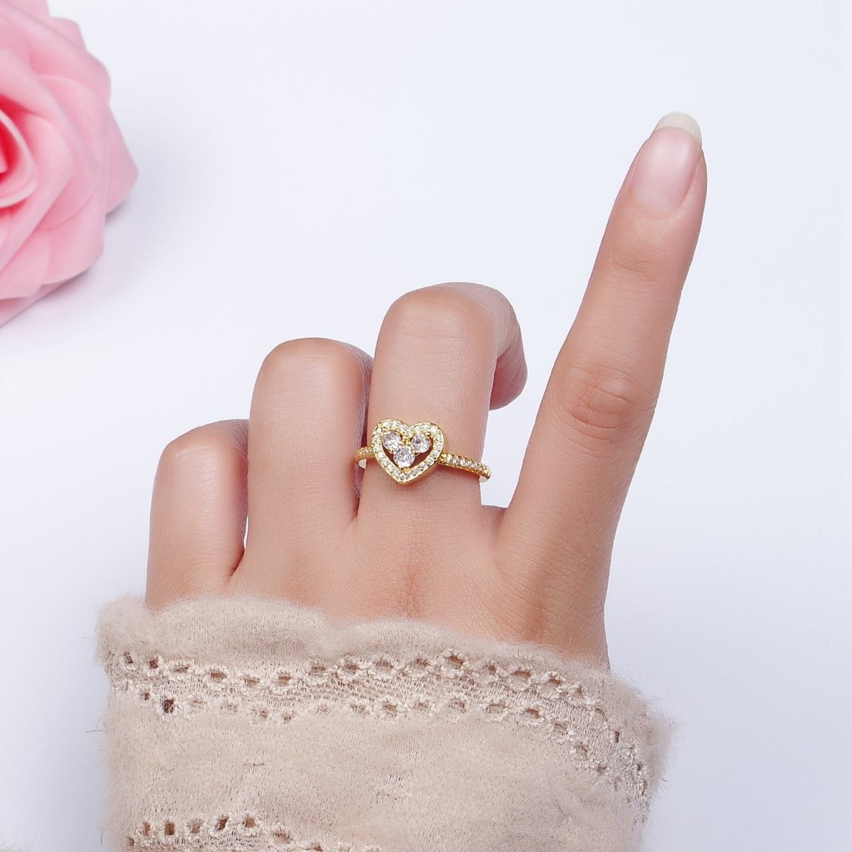 14K Gold Filled Heart Clear, Green, Fuchsia, Purple Micro Paved CZ Ring | O-575 ~ O-578 - DLUXCA