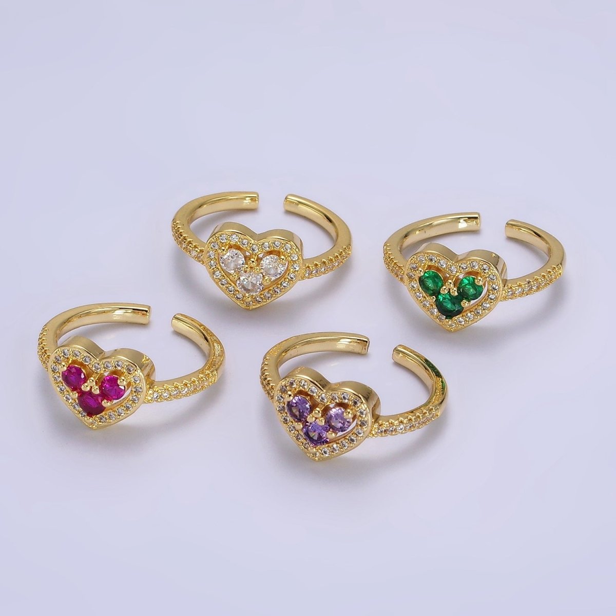 14K Gold Filled Heart Clear, Green, Fuchsia, Purple Micro Paved CZ Ring | O-575 ~ O-578 - DLUXCA