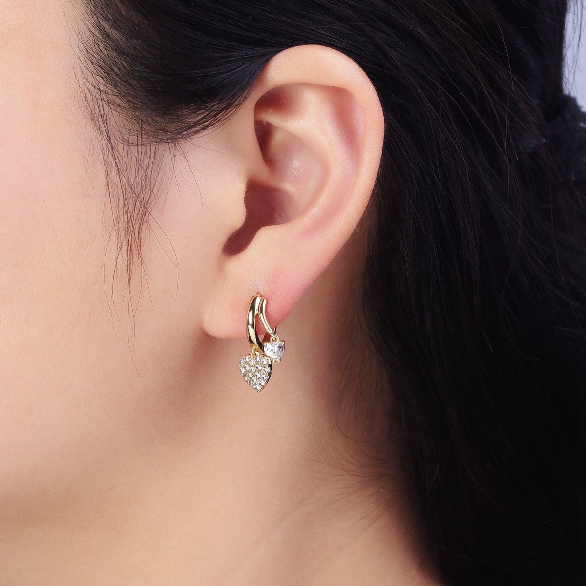 14K Gold Filled Heart CZ Micro Paved Double Band Claw Huggie Earrings | AD1444 - DLUXCA