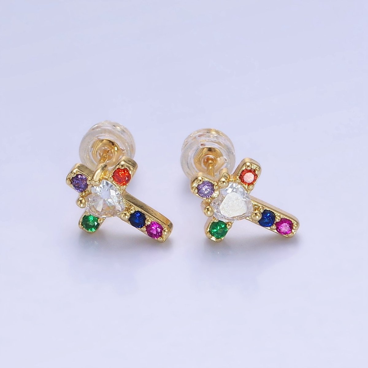 14K Gold Filled Heart CZ Multicolor Religious Cross Stud Earrings in Gold & Silver | AB1311 AB1312 - DLUXCA