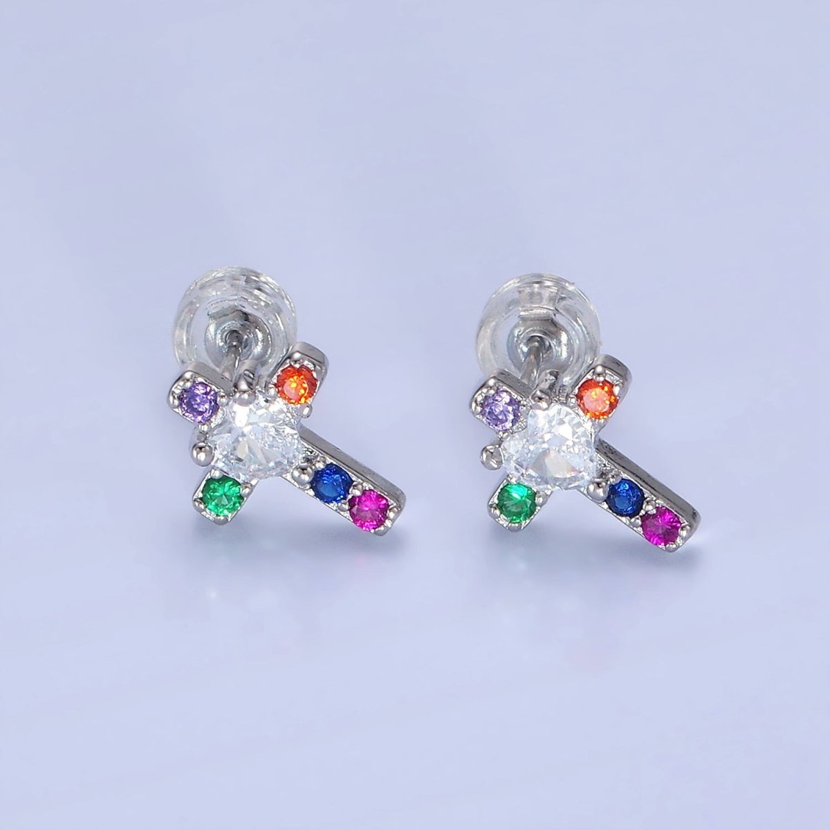 14K Gold Filled Heart CZ Multicolor Religious Cross Stud Earrings in Gold & Silver | AB1311 AB1312 - DLUXCA