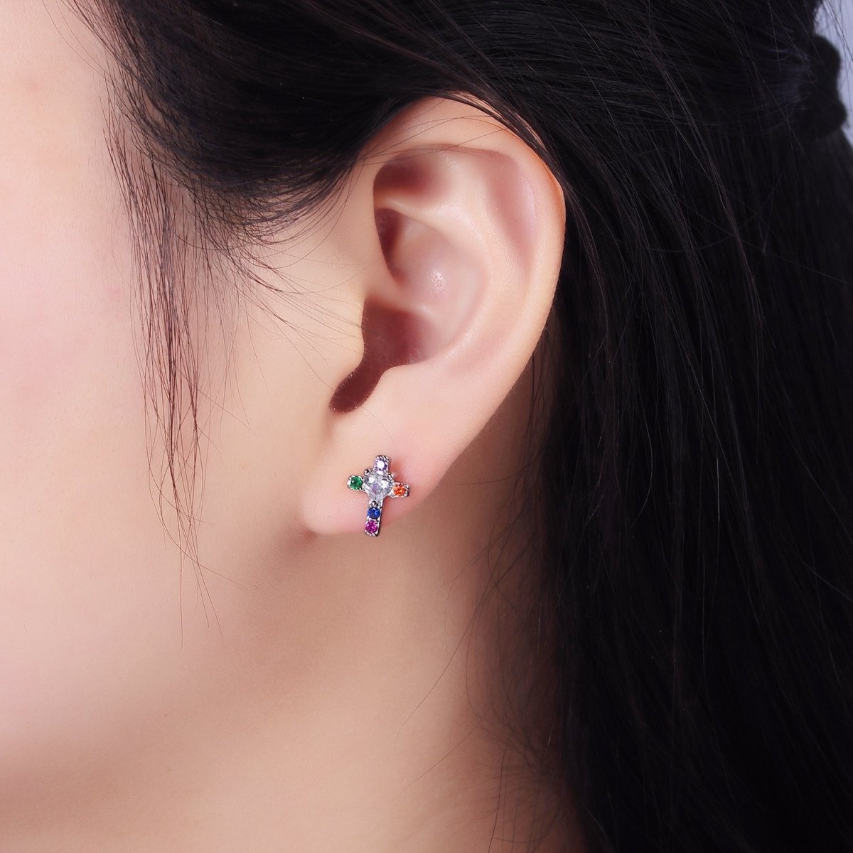 14K Gold Filled Heart CZ Multicolor Religious Cross Stud Earrings in Gold & Silver | AB1311 AB1312 - DLUXCA