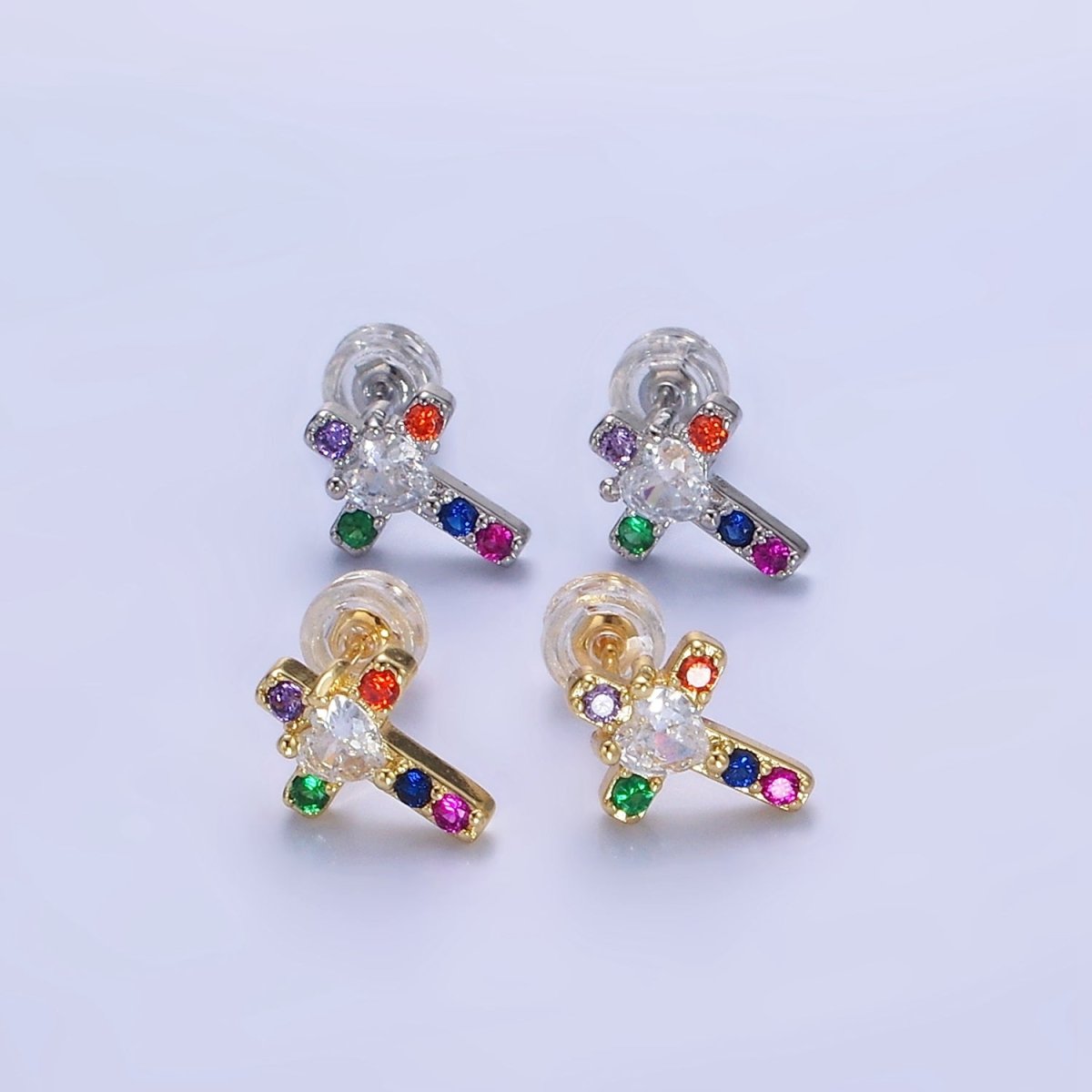 14K Gold Filled Heart CZ Multicolor Religious Cross Stud Earrings in Gold & Silver | AB1311 AB1312 - DLUXCA