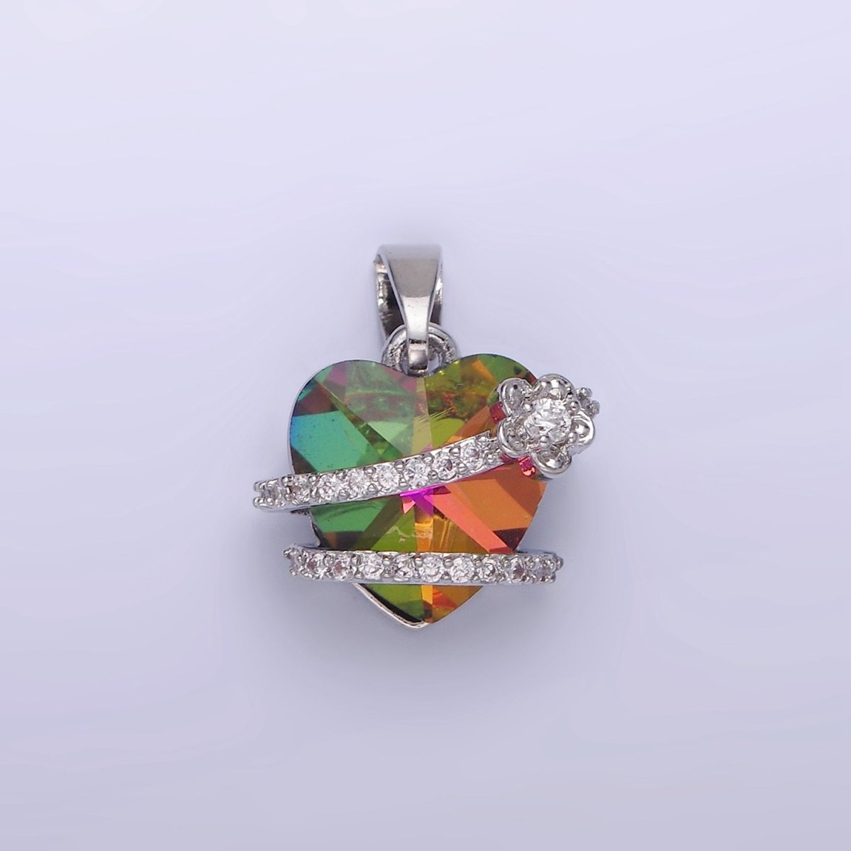 14K Gold Filled Heart Multicolor Micro Paved CZ Band Flower Pendant in Gold & Silver | AA1159 - DLUXCA