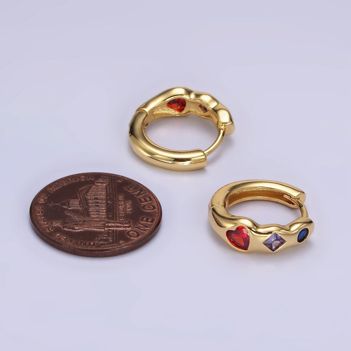 14K Gold Filled Heart Rhombus Round Multicolor CZ Wavy 15mm Huggie Earrings | AE113 - DLUXCA