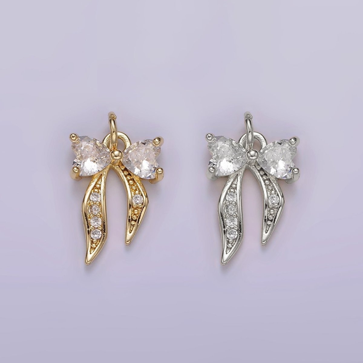 14K Gold Filled Heart Ribbon Bow Micro Paved CZ Charm Gold & Silver | AG505 - DLUXCA