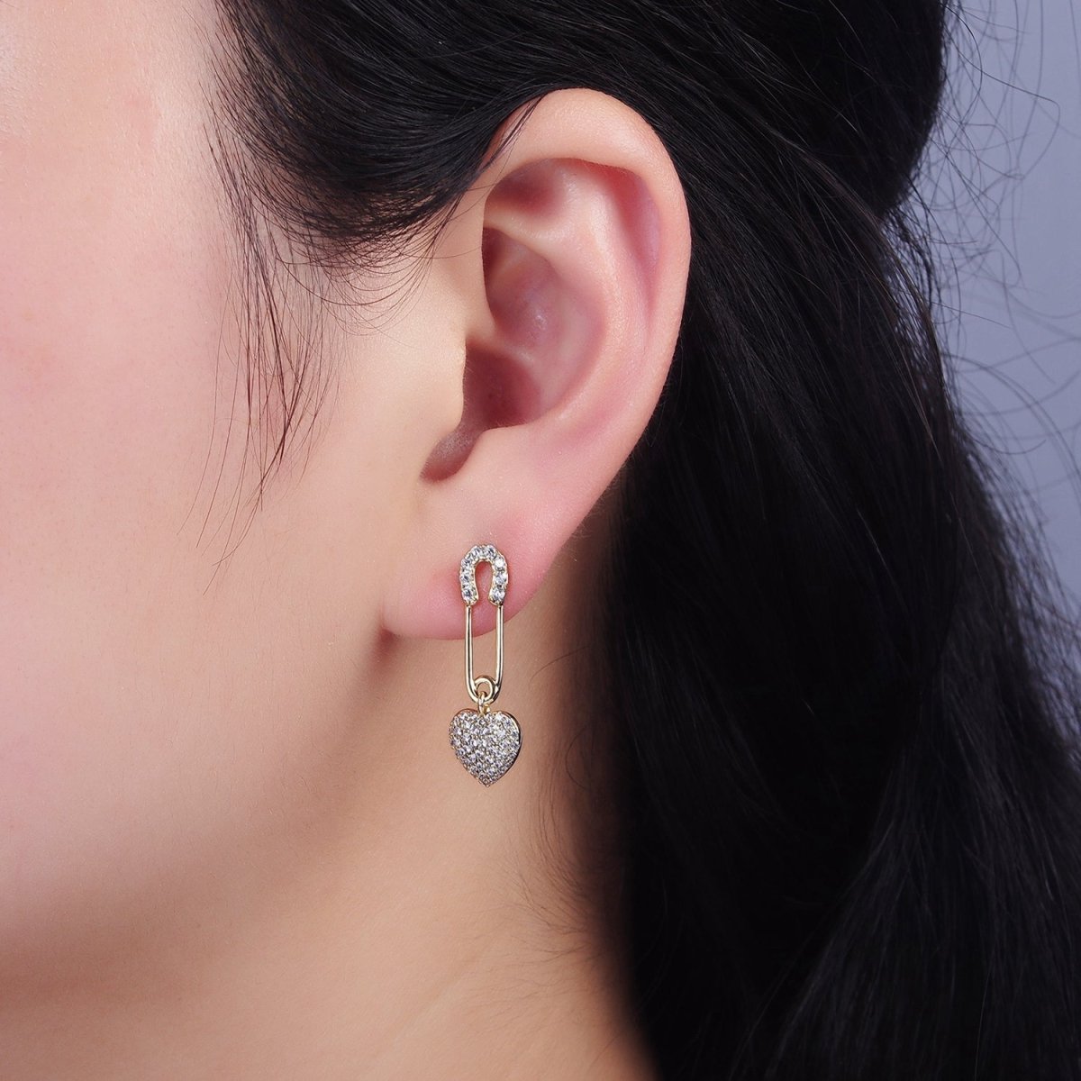 14K Gold Filled Heart Safety Pin Micro Paved CZ Drop Stud Earrings | AE409 - DLUXCA