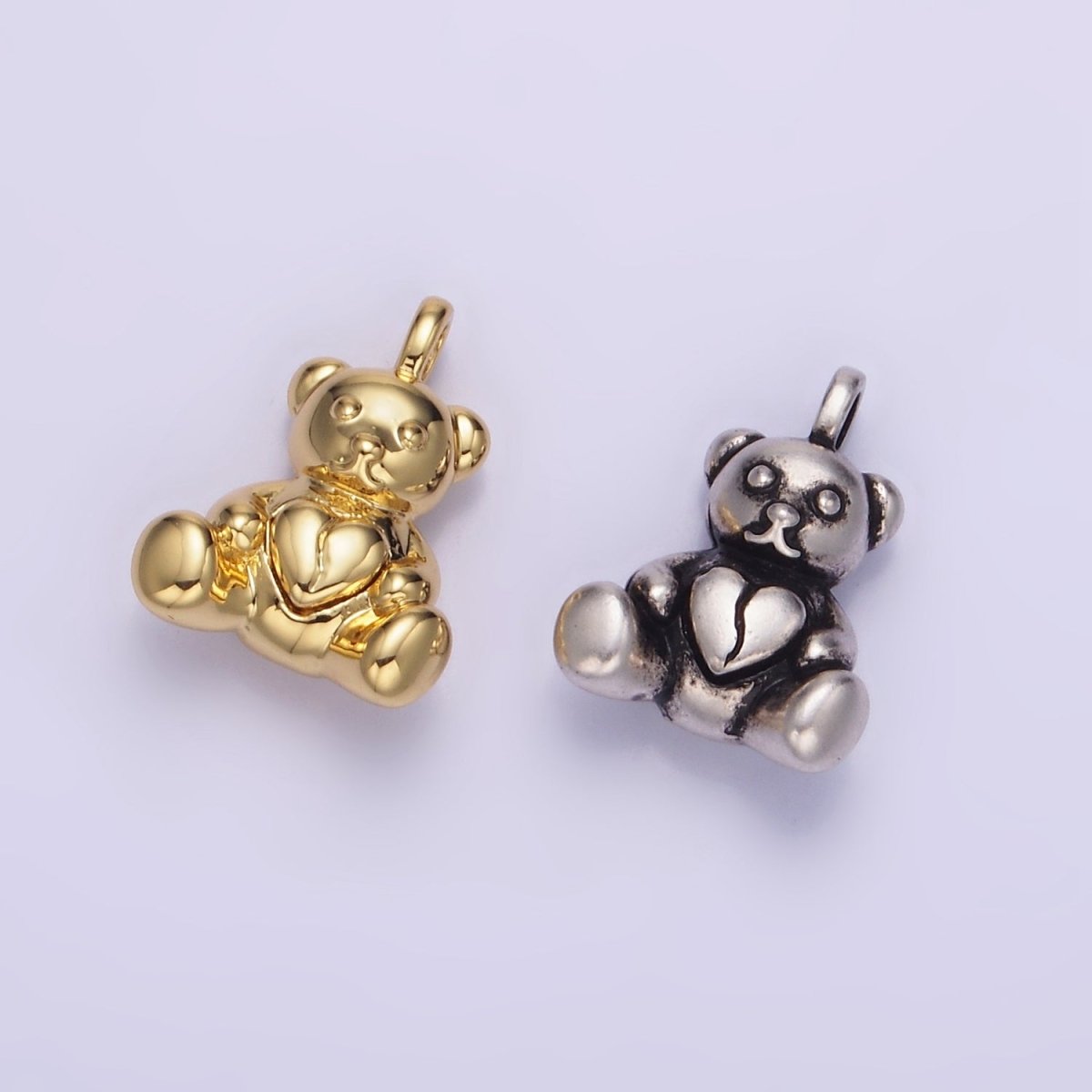 14K Gold Filled Heart Teddy Bear Animal Pendant in Gold & Oxidized Silver | AA1232 - DLUXCA
