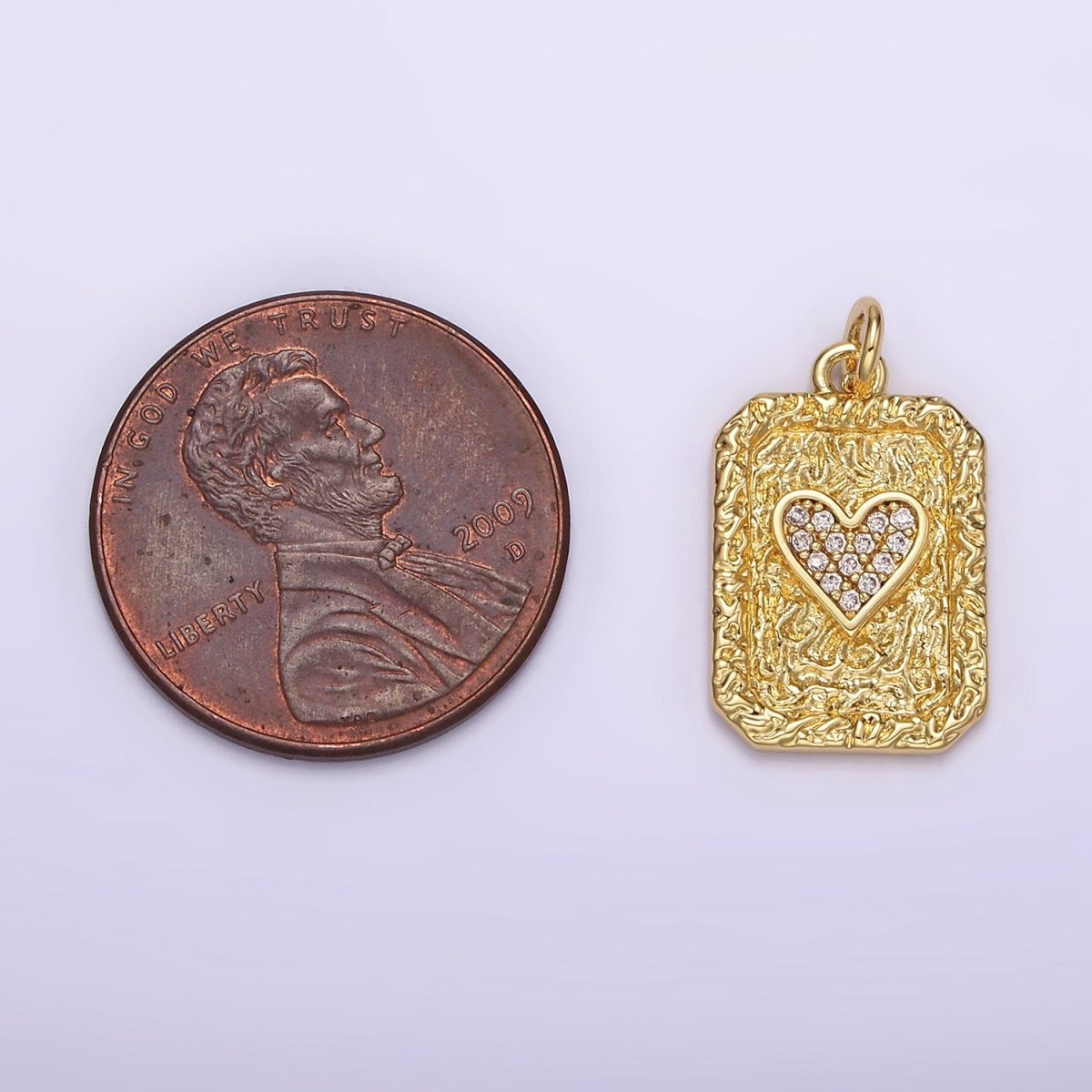 14K Gold Filled Hearts Card Micro Paved CZ Hammered Rectangular Tag Charm | AG259 - DLUXCA