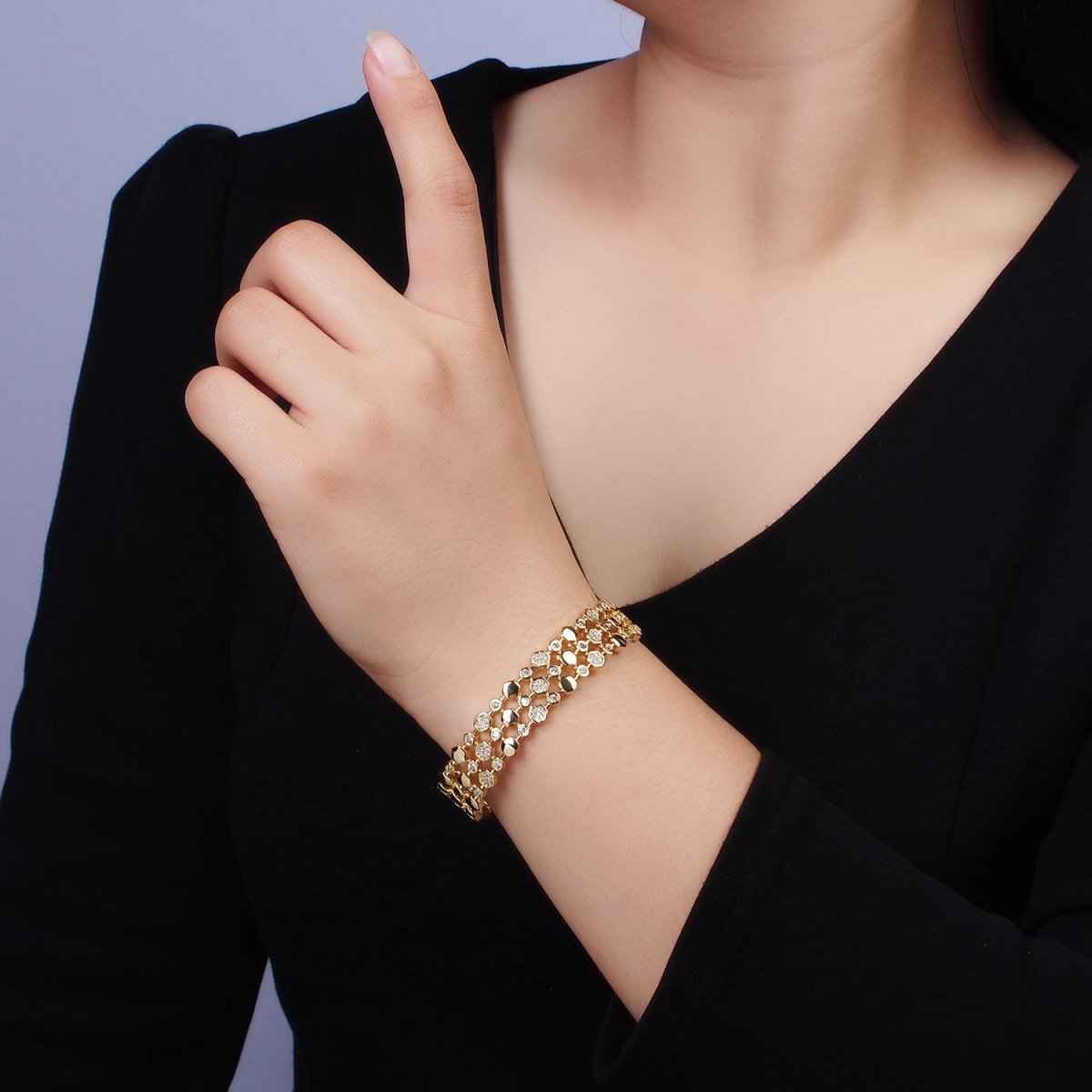 14K Gold Filled Hexagonal Micro Paved CZ Triple Lined Cuff Bangle Bracelet in Gold & Silver | WA-1916 WA-1917 Clearance Pricing - DLUXCA