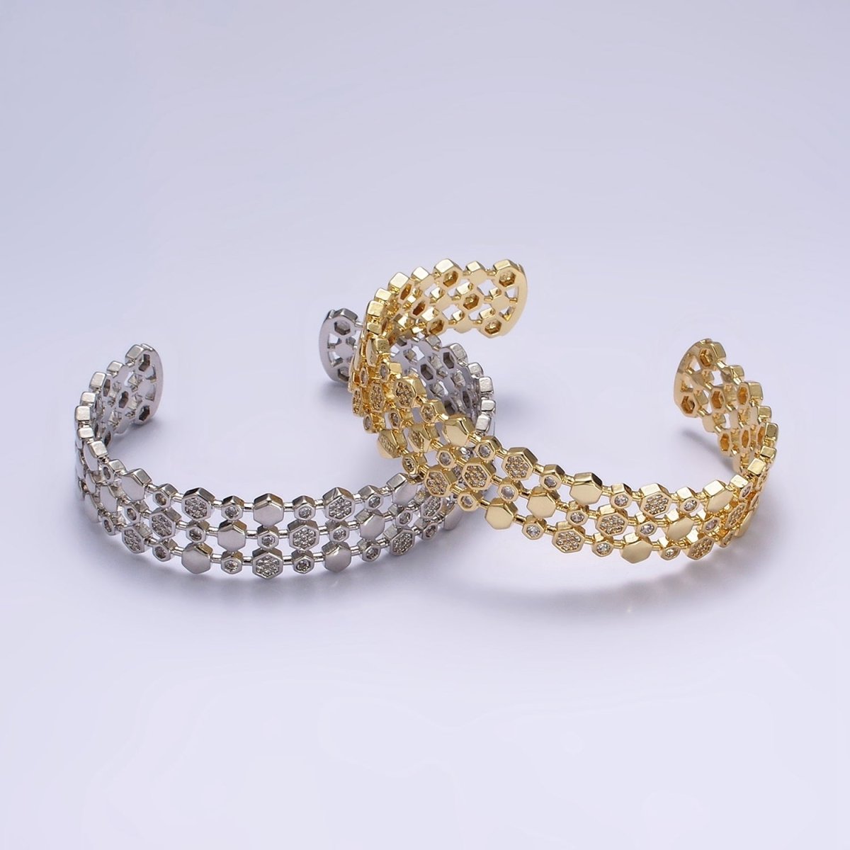 14K Gold Filled Hexagonal Micro Paved CZ Triple Lined Cuff Bangle Bracelet in Gold & Silver | WA-1916 WA-1917 Clearance Pricing - DLUXCA
