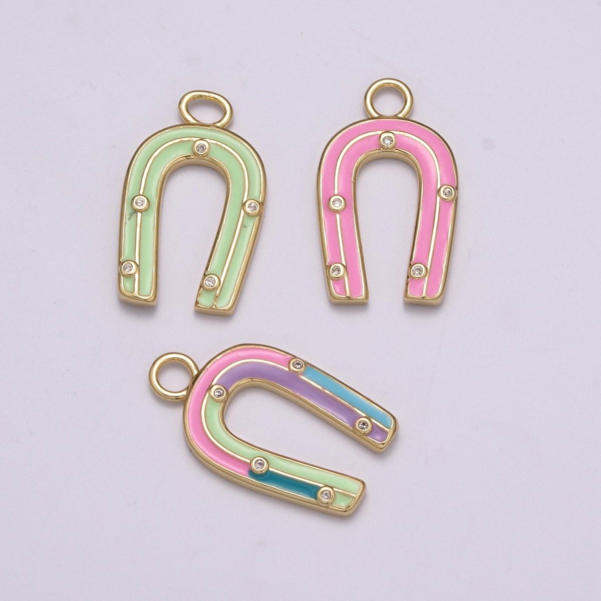 14k Gold Filled Horseshoe Enamel Horse Shoe Charm Pendant Pink Green Rainbow Lucky Charm for Necklace Earring Bracelet, M-859-M-861 - DLUXCA