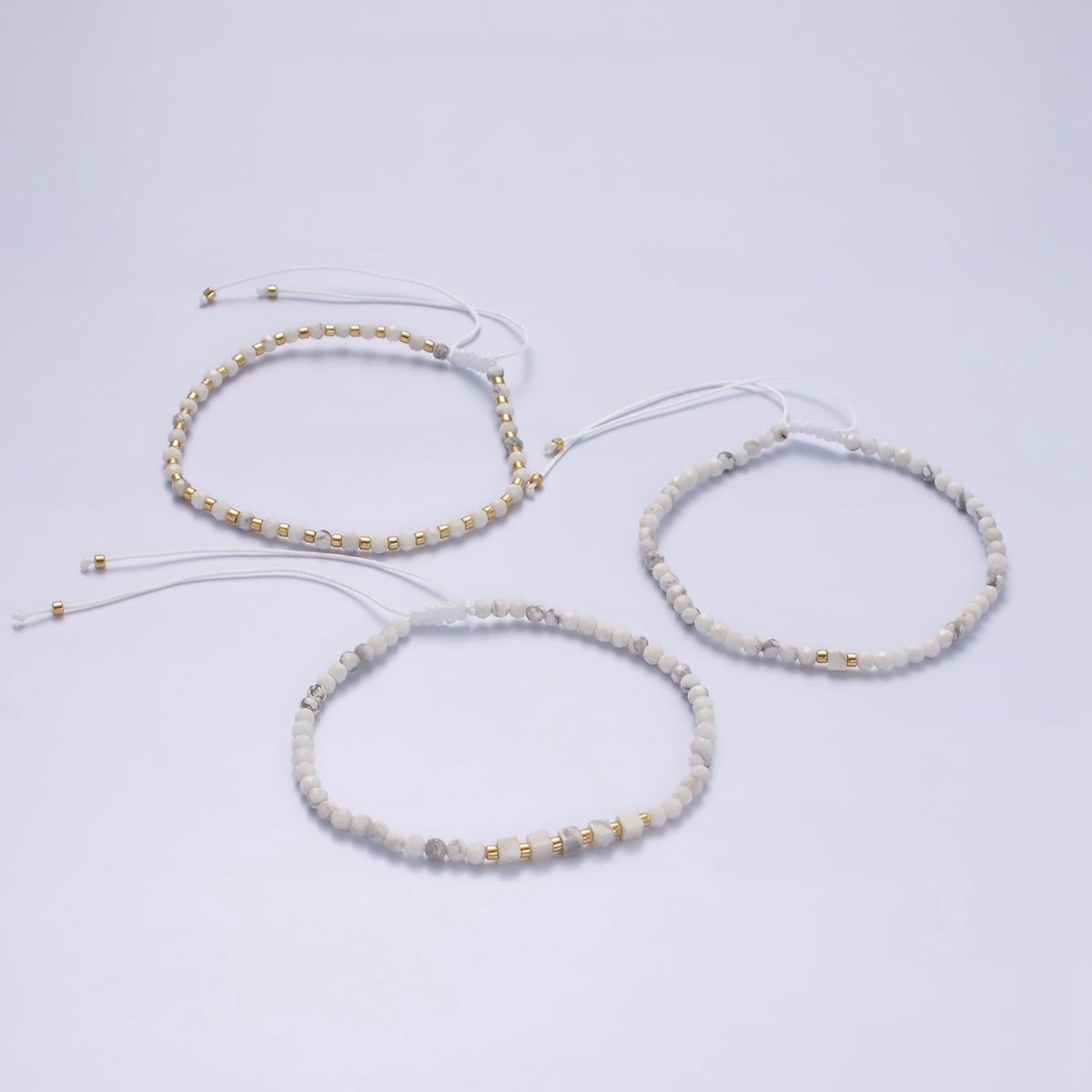 14K Gold Filled Howlite Multifaceted White Cotton String Slider Bracelet | WA-2010 - WA-2012 Clearance Pricing - DLUXCA