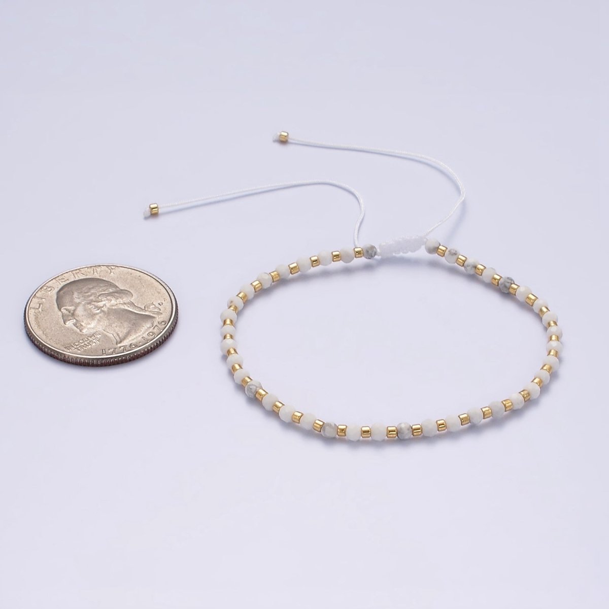 14K Gold Filled Howlite Multifaceted White Cotton String Slider Bracelet | WA-2010 - WA-2012 Clearance Pricing - DLUXCA