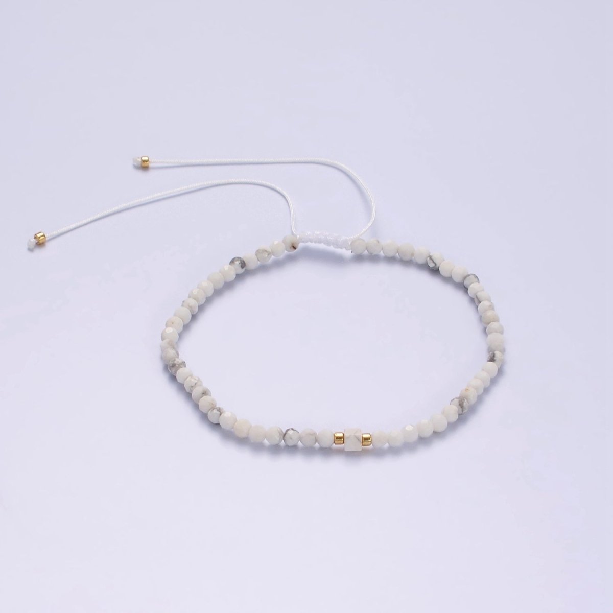 14K Gold Filled Howlite Multifaceted White Cotton String Slider Bracelet | WA-2010 - WA-2012 Clearance Pricing - DLUXCA
