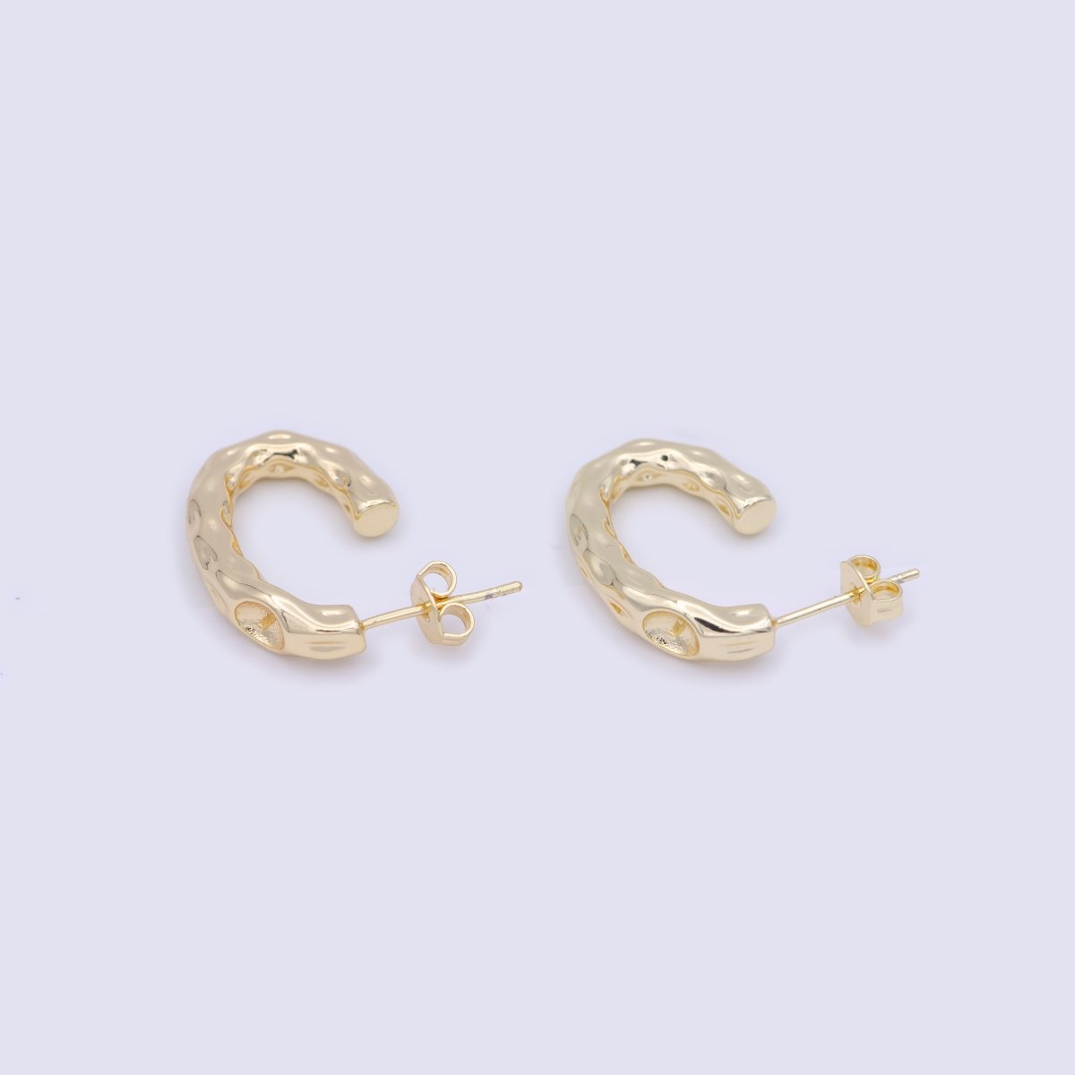 14K Gold Filled J Shaped Hammered Rustic Stud Hoops Earrings K-203 - DLUXCA