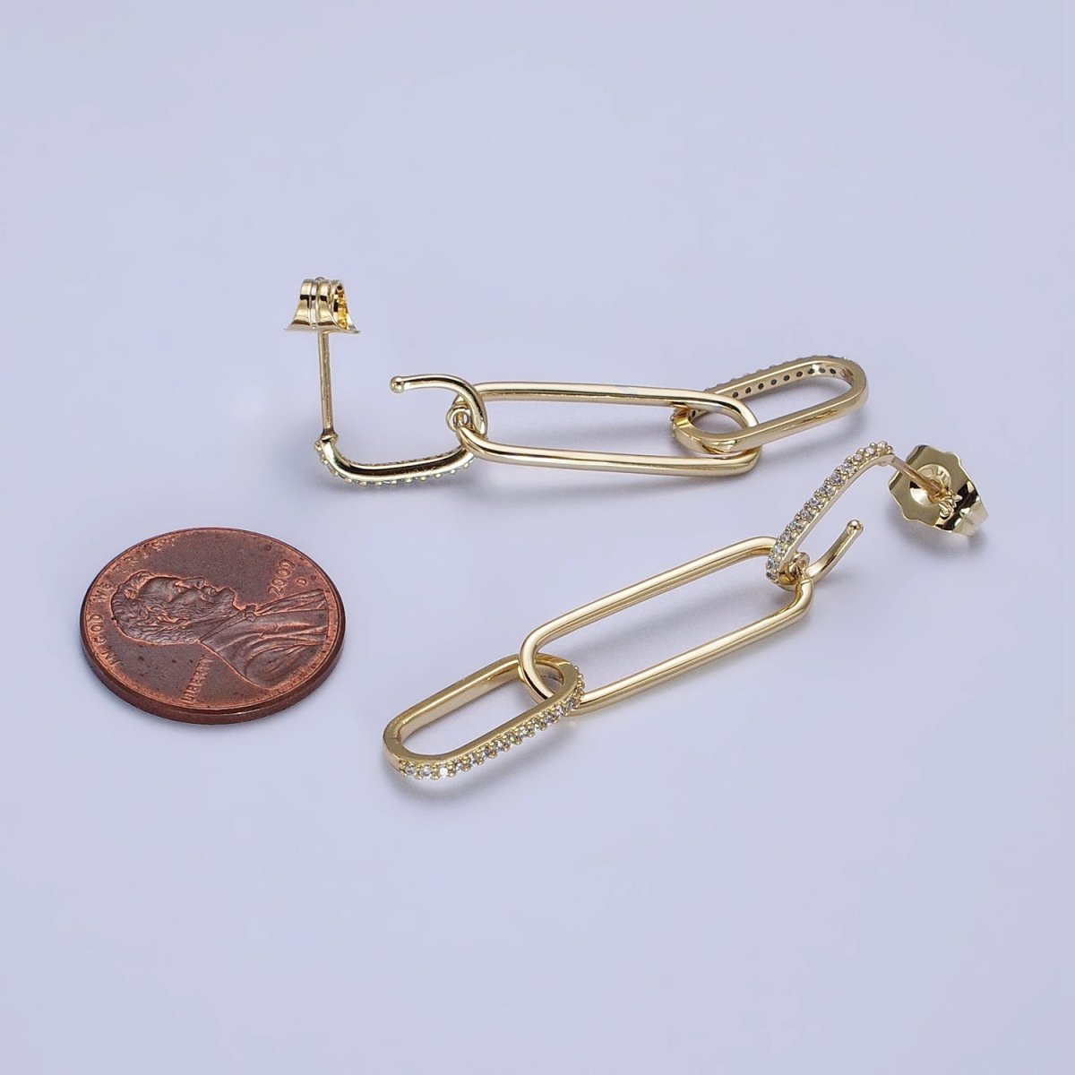14K Gold Filled J-Shaped Micro Paved CZ Paper Clip Drop Dangle Earrings | AB317 - DLUXCA