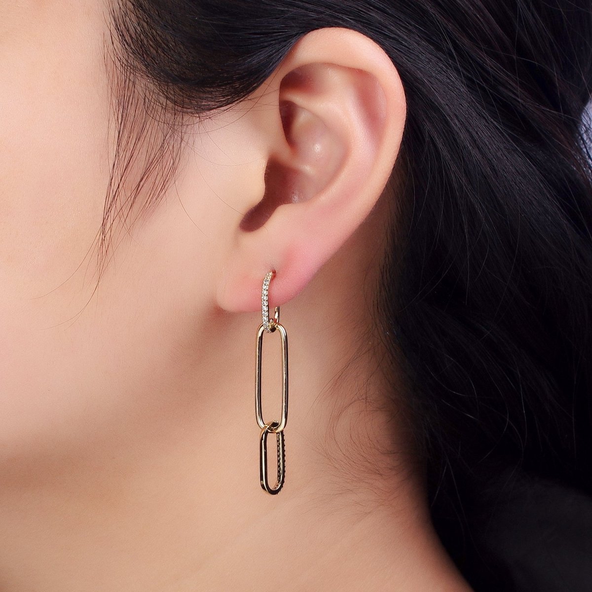 14K Gold Filled J-Shaped Micro Paved CZ Paper Clip Drop Dangle Earrings | AB317 - DLUXCA