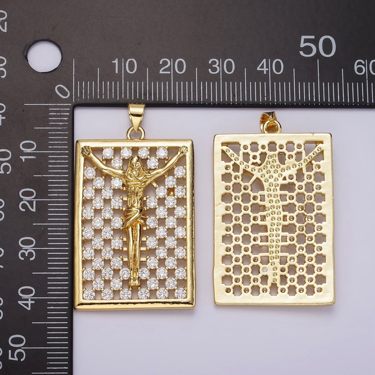14K Gold Filled Jesus Crucifix Religious Open Clear CZ Checkered Rectangular Tag Charm | N1943 - DLUXCA
