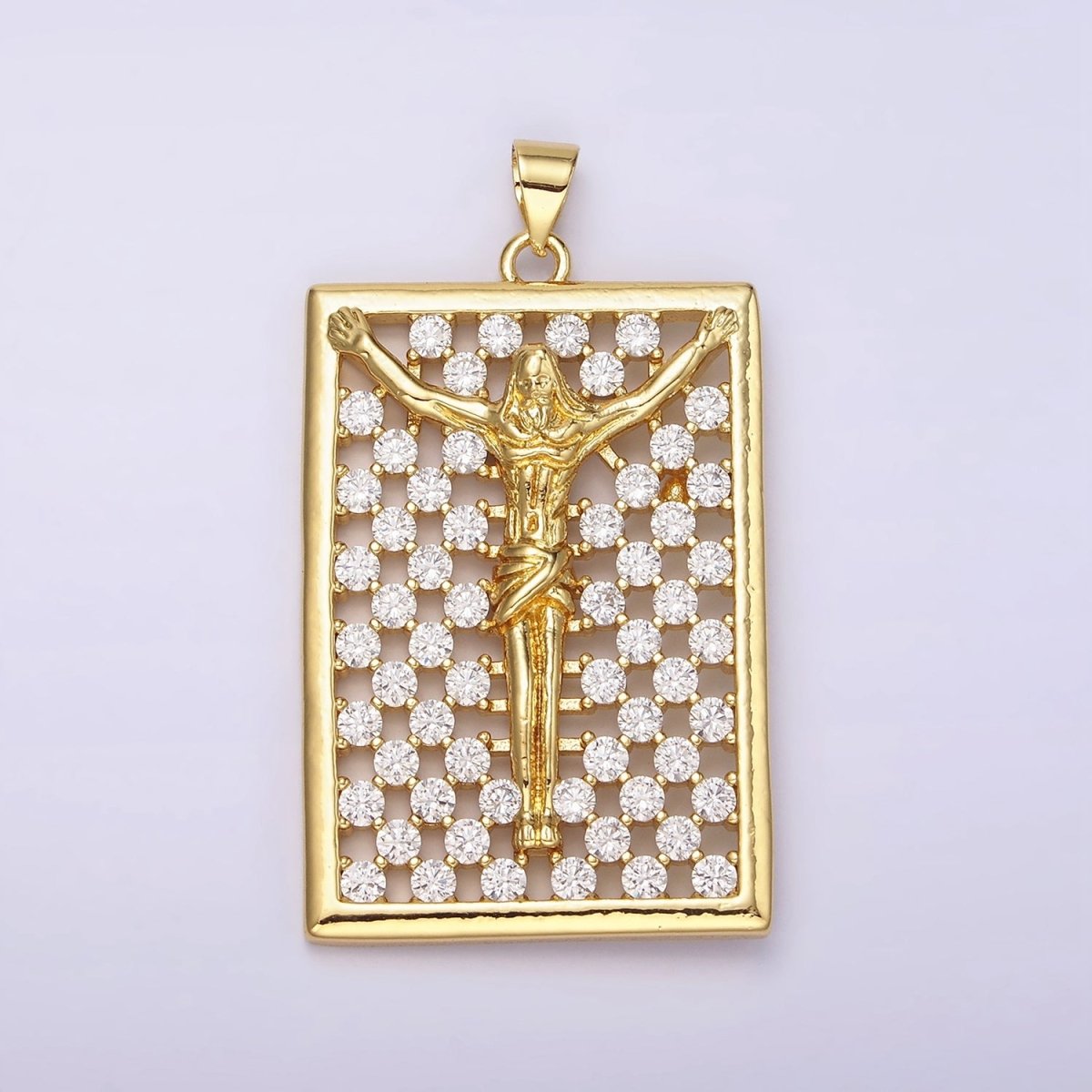 14K Gold Filled Jesus Crucifix Religious Open Clear CZ Checkered Rectangular Tag Charm | N1943 - DLUXCA
