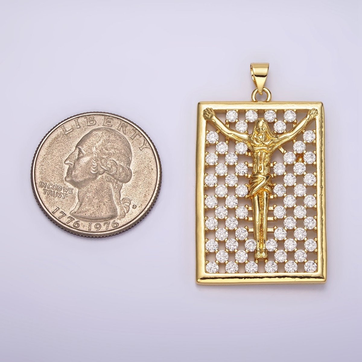 14K Gold Filled Jesus Crucifix Religious Open Clear CZ Checkered Rectangular Tag Charm | N1943 - DLUXCA