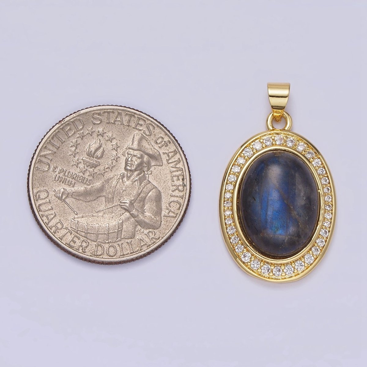 14K Gold Filled Labradorite Cabochon Clear Micro Paved CZ Oval Pendant | AA681 - DLUXCA