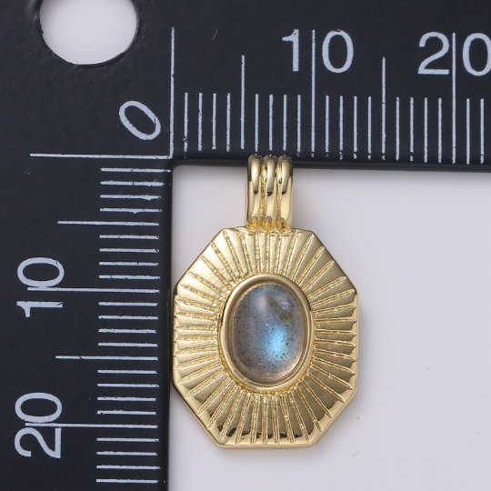 14k Gold Filled Labradorite Charm Octagon Sunburst Medallion H-290 - DLUXCA
