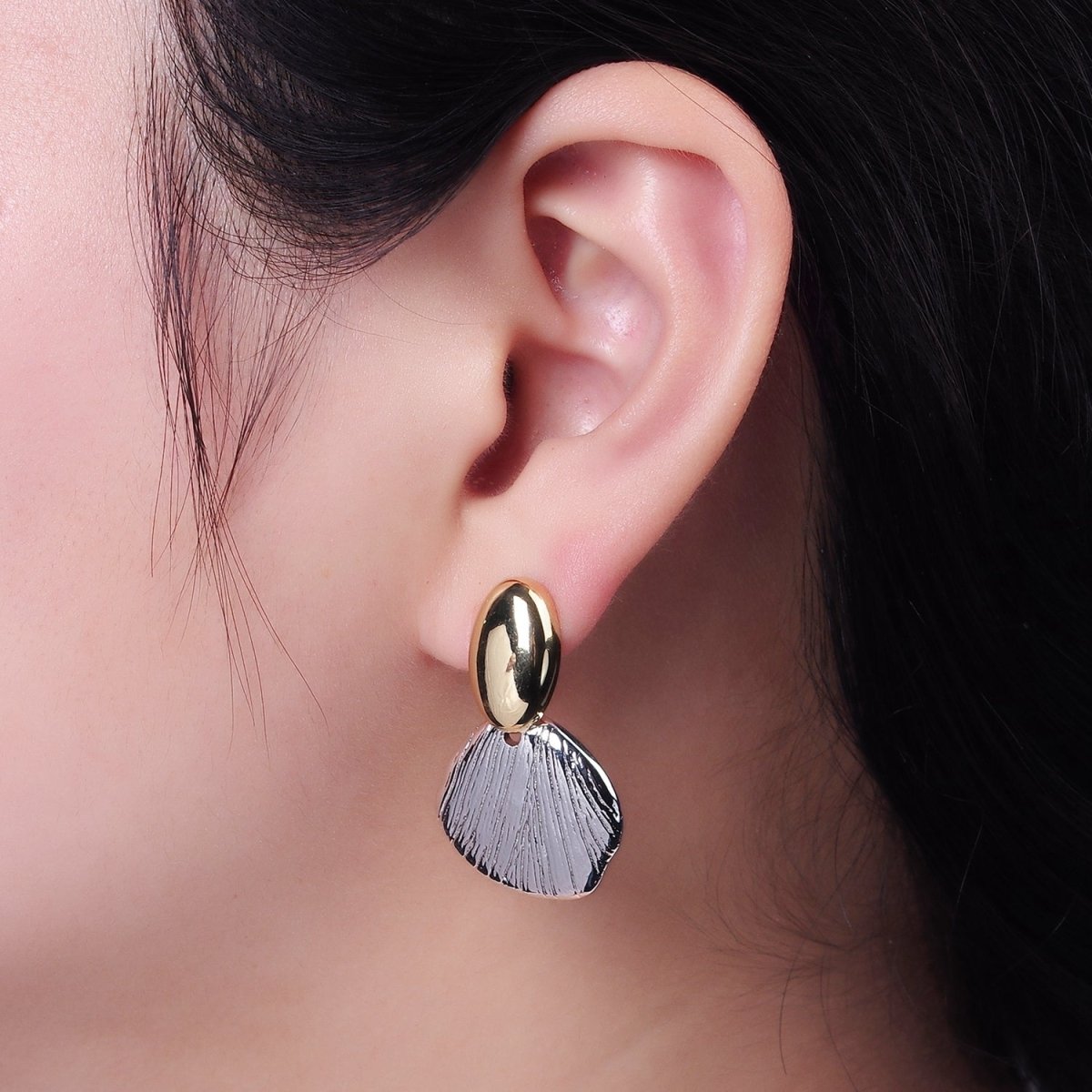 14K Gold Filled Line-Textured Abstract Oval Dome Mixed Metal Drop Stud Earrings | AE374 - DLUXCA