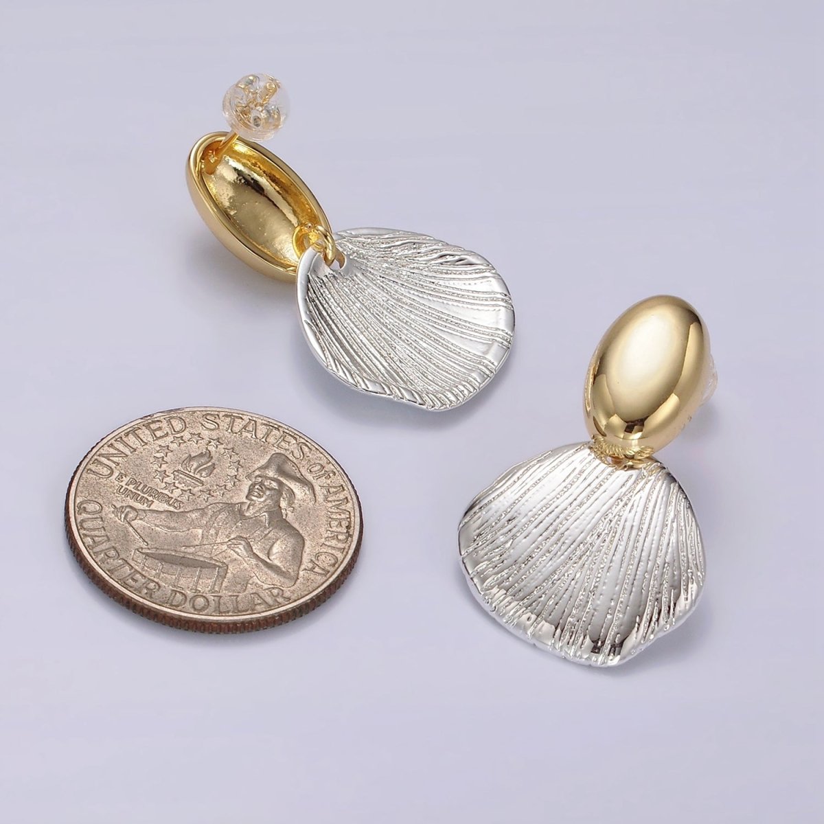 14K Gold Filled Line-Textured Abstract Oval Dome Mixed Metal Drop Stud Earrings | AE374 - DLUXCA