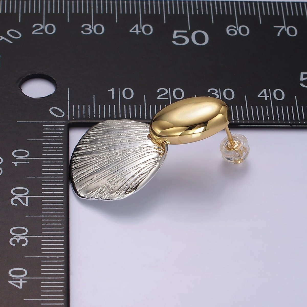 14K Gold Filled Line-Textured Abstract Oval Dome Mixed Metal Drop Stud Earrings | AE374 - DLUXCA