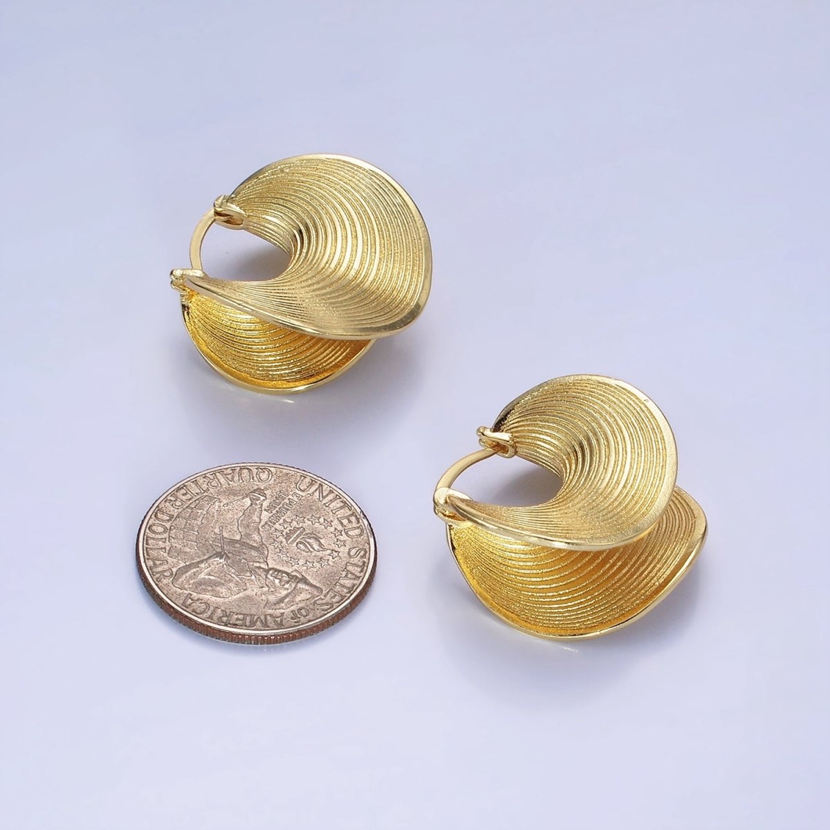 14K Gold Filled Line-Textured Curved Band Latch Hoop Earrings in Gold & Silver | AB1313 AB1314 - DLUXCA