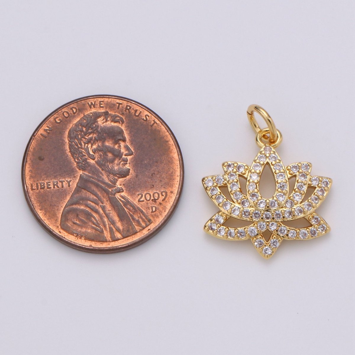 14K Gold Filled Lotus Flower Charm, Micro Pave Cubic Zirconia Mini Pendant C-246 - DLUXCA
