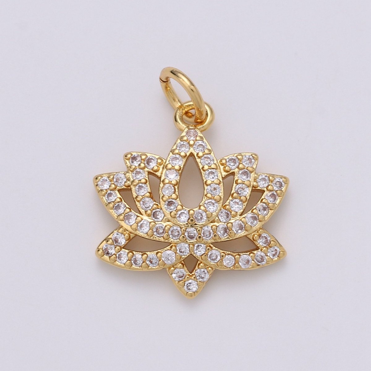 14K Gold Filled Lotus Flower Charm, Micro Pave Cubic Zirconia Mini Pendant C-246 - DLUXCA