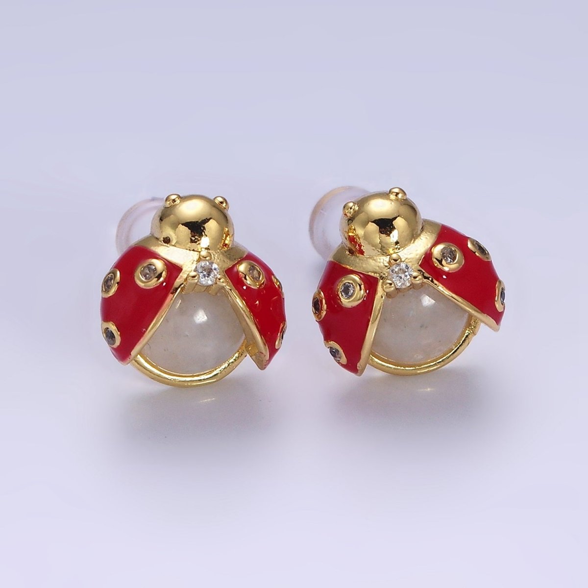 14K Gold Filled Lucky Ladybug Moonstone Gemstone Red Enamel CZ Stud Earrings | Y-897 - DLUXCA