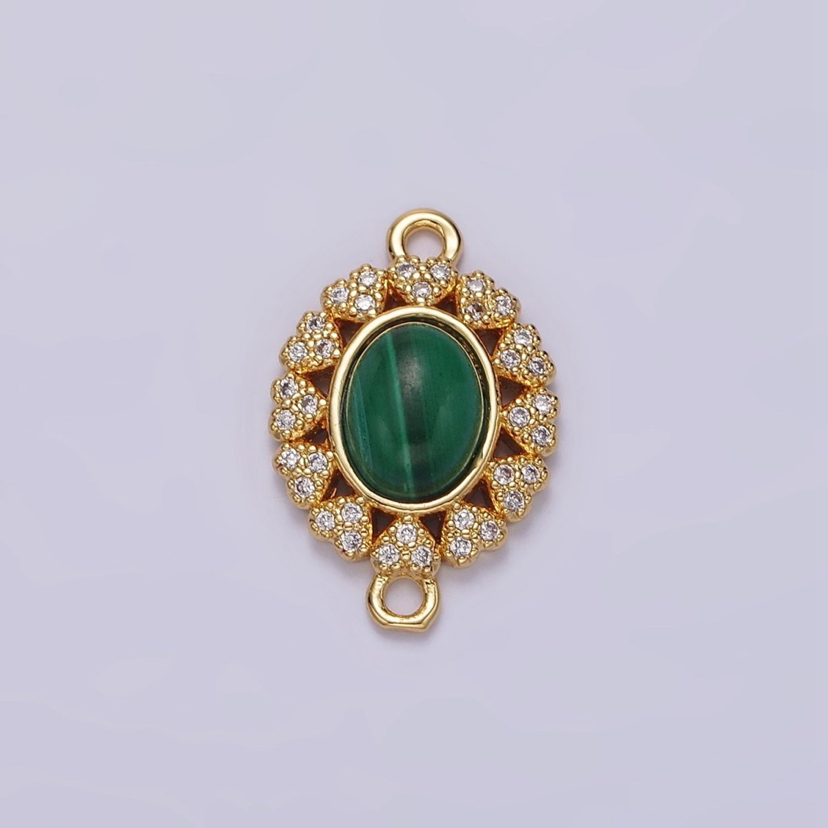 14K Gold Filled Malachite Cabochon Micro Paved CZ Heart Lined Oval Connector G-807 - DLUXCA