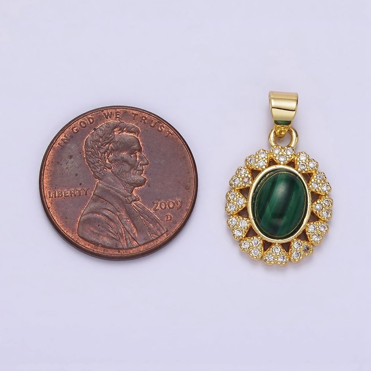 14K Gold Filled Malachite Cabochon Micro Paved CZ Heart Lined Oval Pendant | AA644 - DLUXCA
