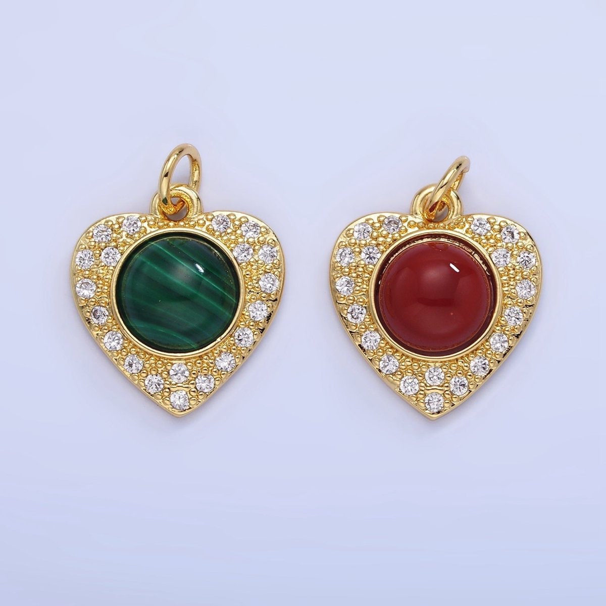 14K Gold Filled Malachite, Carnelian Micro Paved CZ Heart Charm | W565 - DLUXCA