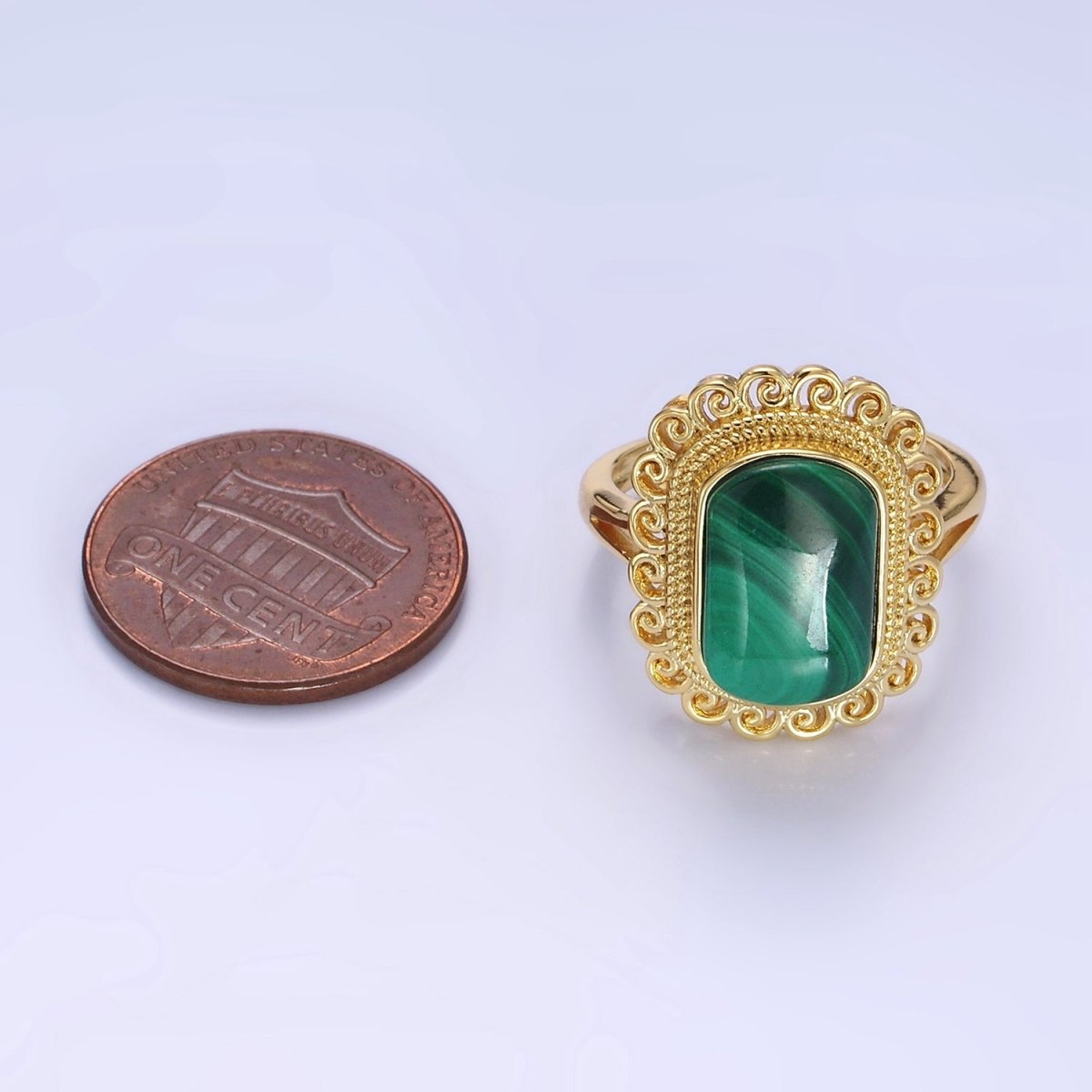 14K Gold Filled Malachite Gemstone Elaborate Artisan Ring | O1352 - DLUXCA