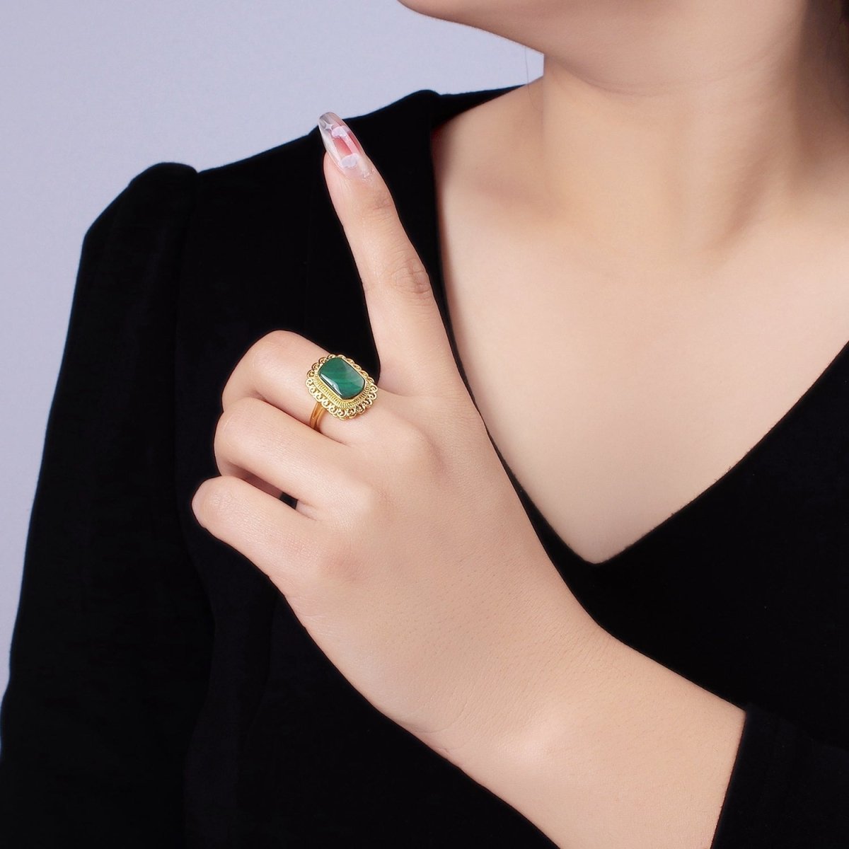 14K Gold Filled Malachite Gemstone Elaborate Artisan Ring | O1352 - DLUXCA
