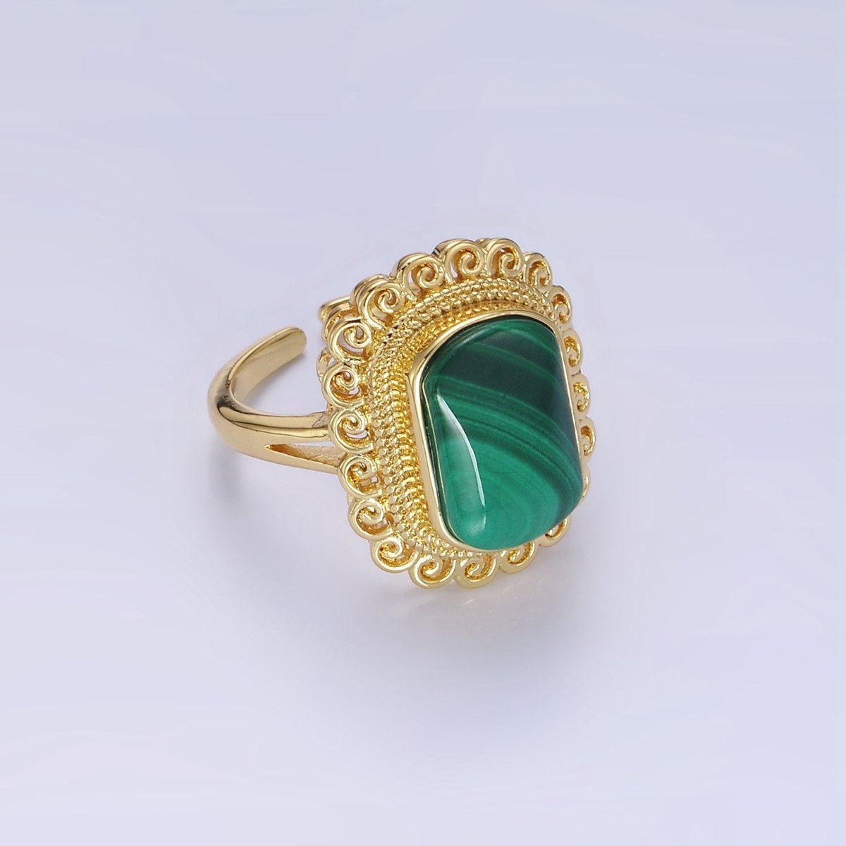 14K Gold Filled Malachite Gemstone Elaborate Artisan Ring | O1352 - DLUXCA