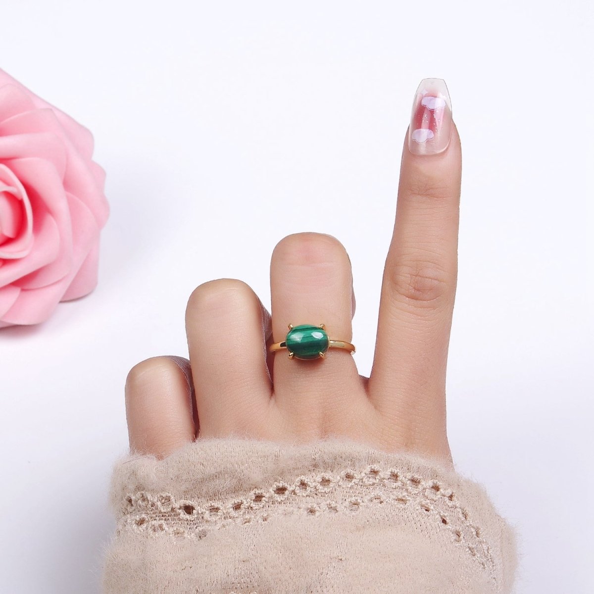 14K Gold Filled Malachite Gemstone Oval Solitaire Ring | O1347 - DLUXCA