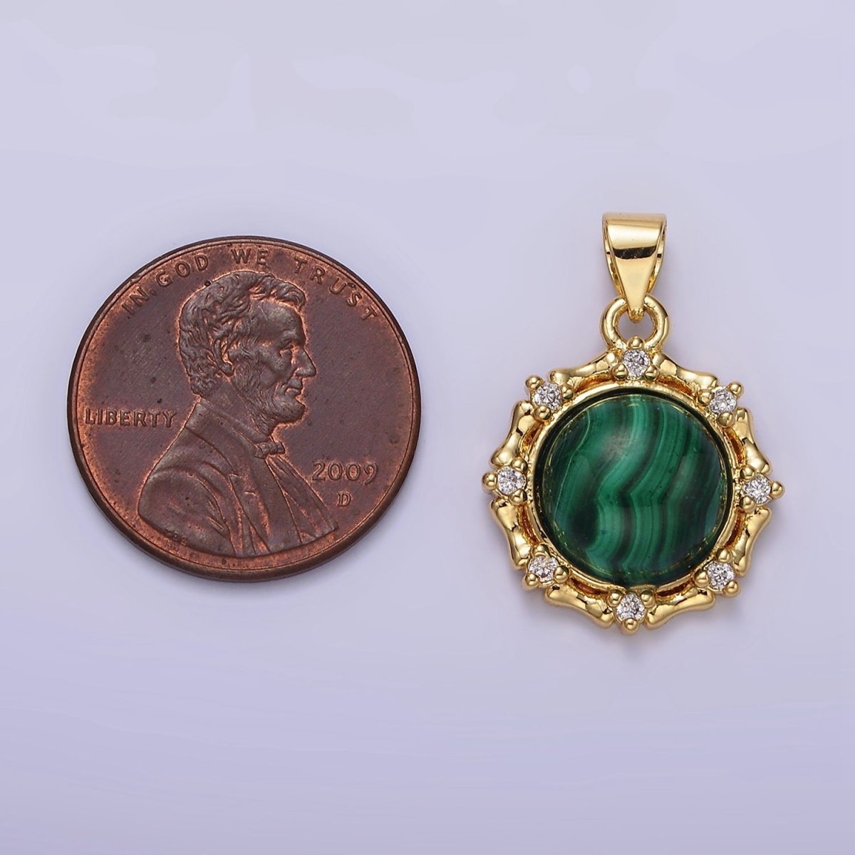 14K Gold Filled Malachite, Labradorite Round Bamboo CZ Lined Pendant | AA676 AA677 - DLUXCA