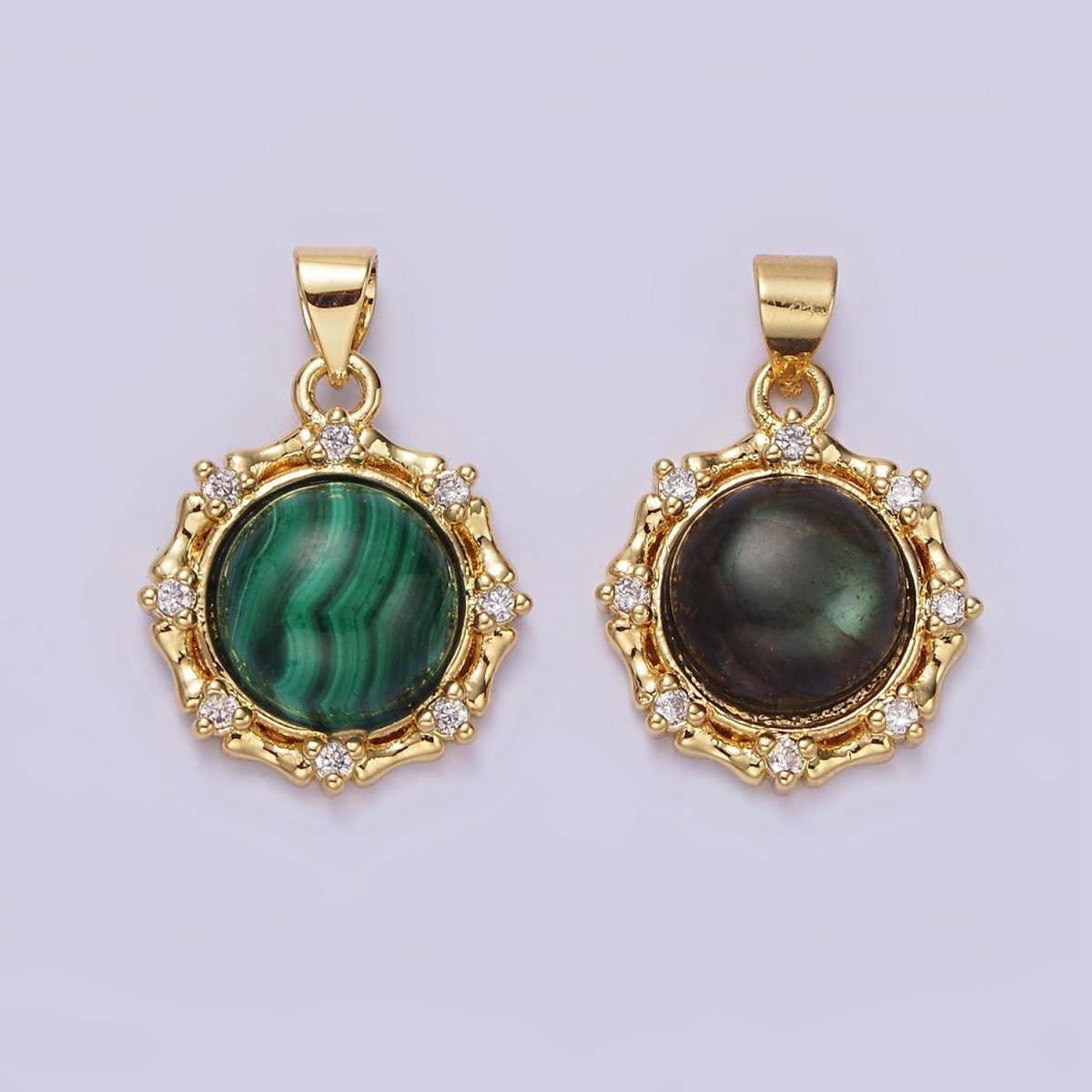 14K Gold Filled Malachite, Labradorite Round Bamboo CZ Lined Pendant | AA676 AA677 - DLUXCA