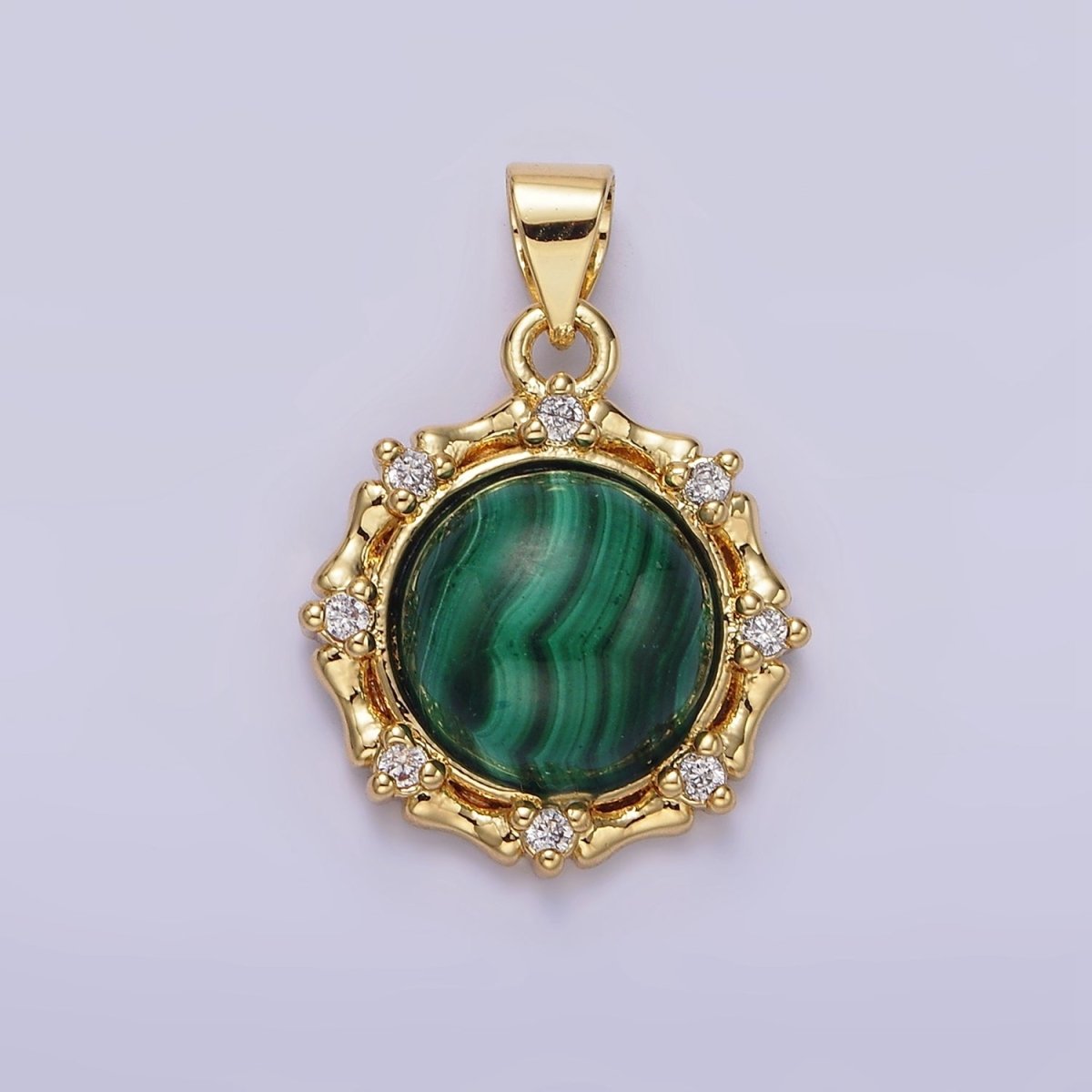 14K Gold Filled Malachite, Labradorite Round Bamboo CZ Lined Pendant | AA676 AA677 - DLUXCA