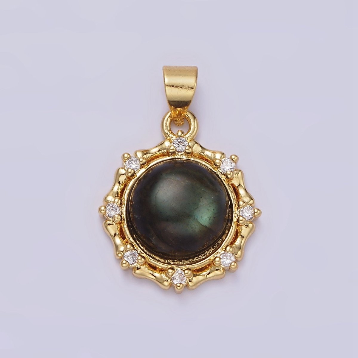 14K Gold Filled Malachite, Labradorite Round Bamboo CZ Lined Pendant | AA676 AA677 - DLUXCA