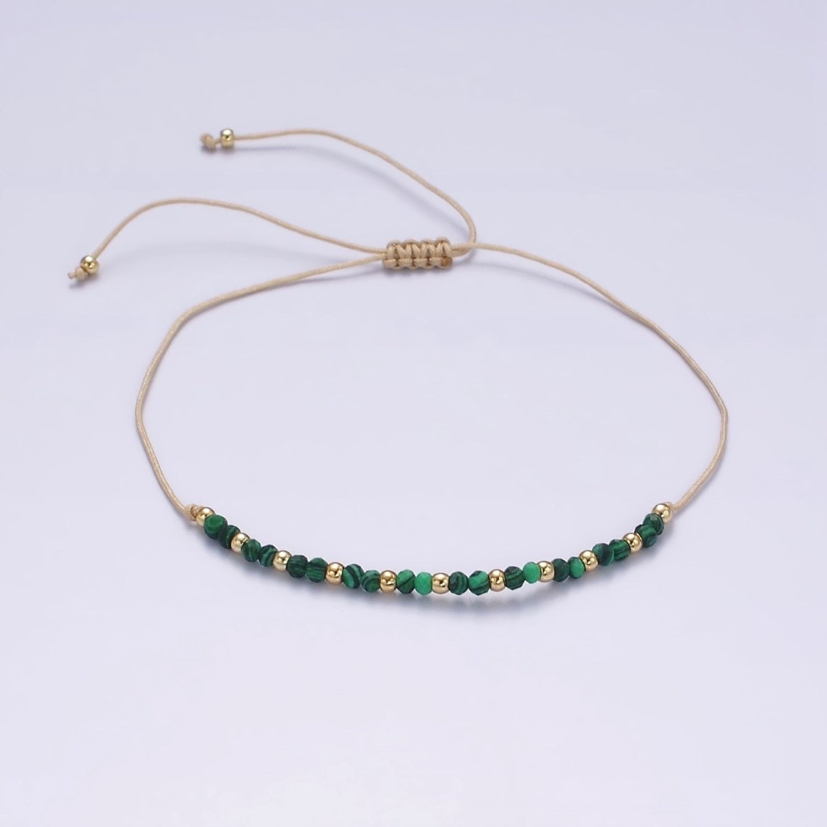 14K Gold Filled Malachite Multifaceted Taupe Beige Cotton String Slider Bracelet | WA-2190 - WA-2192 Clearance Pricing - DLUXCA