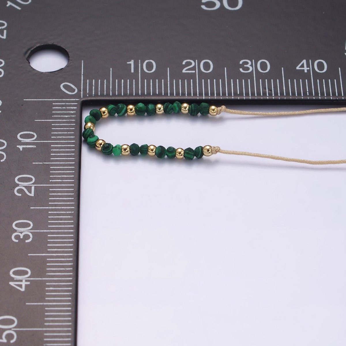 14K Gold Filled Malachite Multifaceted Taupe Beige Cotton String Slider Bracelet | WA-2190 - WA-2192 Clearance Pricing - DLUXCA