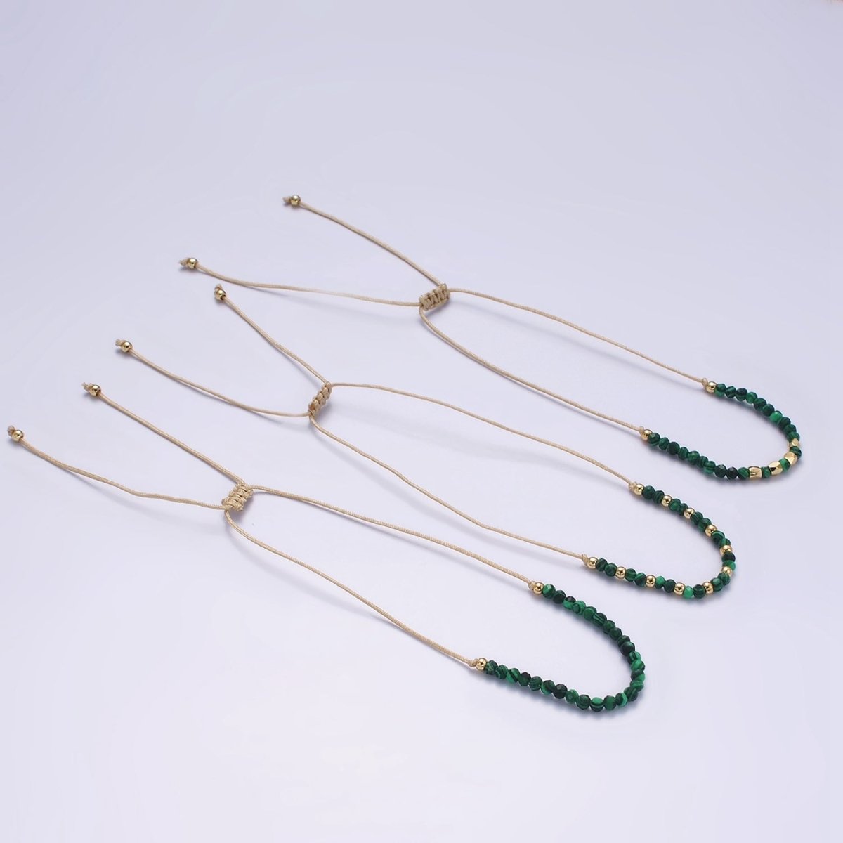 14K Gold Filled Malachite Multifaceted Taupe Beige Cotton String Slider Bracelet | WA-2190 - WA-2192 Clearance Pricing - DLUXCA